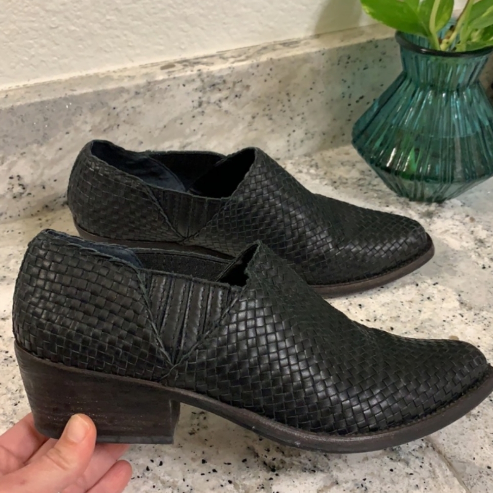 All Saints Black Leather Ankle Booties slip on Woven size 38